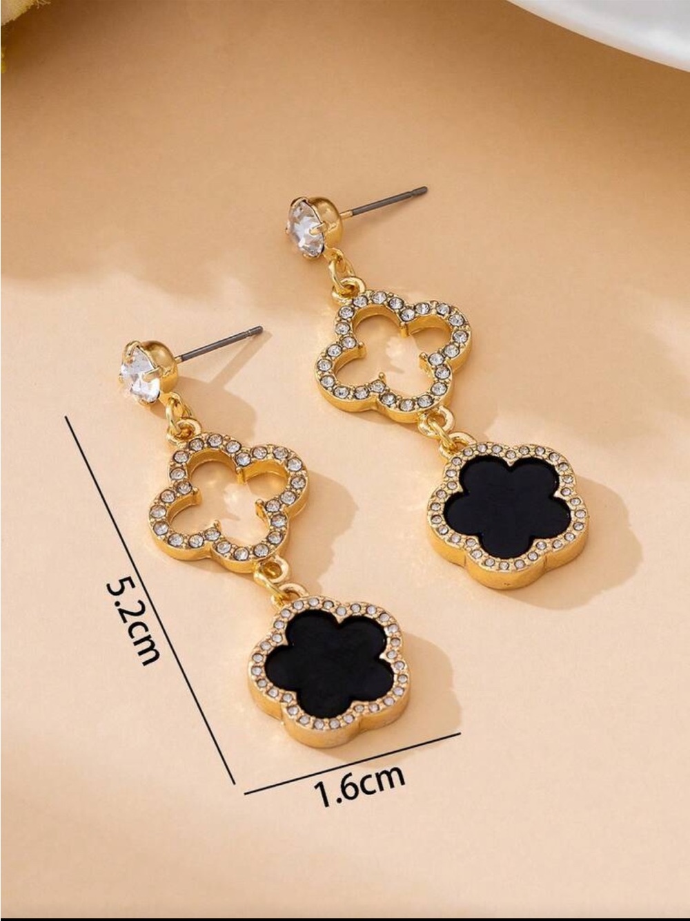 Gold-Plated Black Drop Clover Earrings - Picture 3 of 5